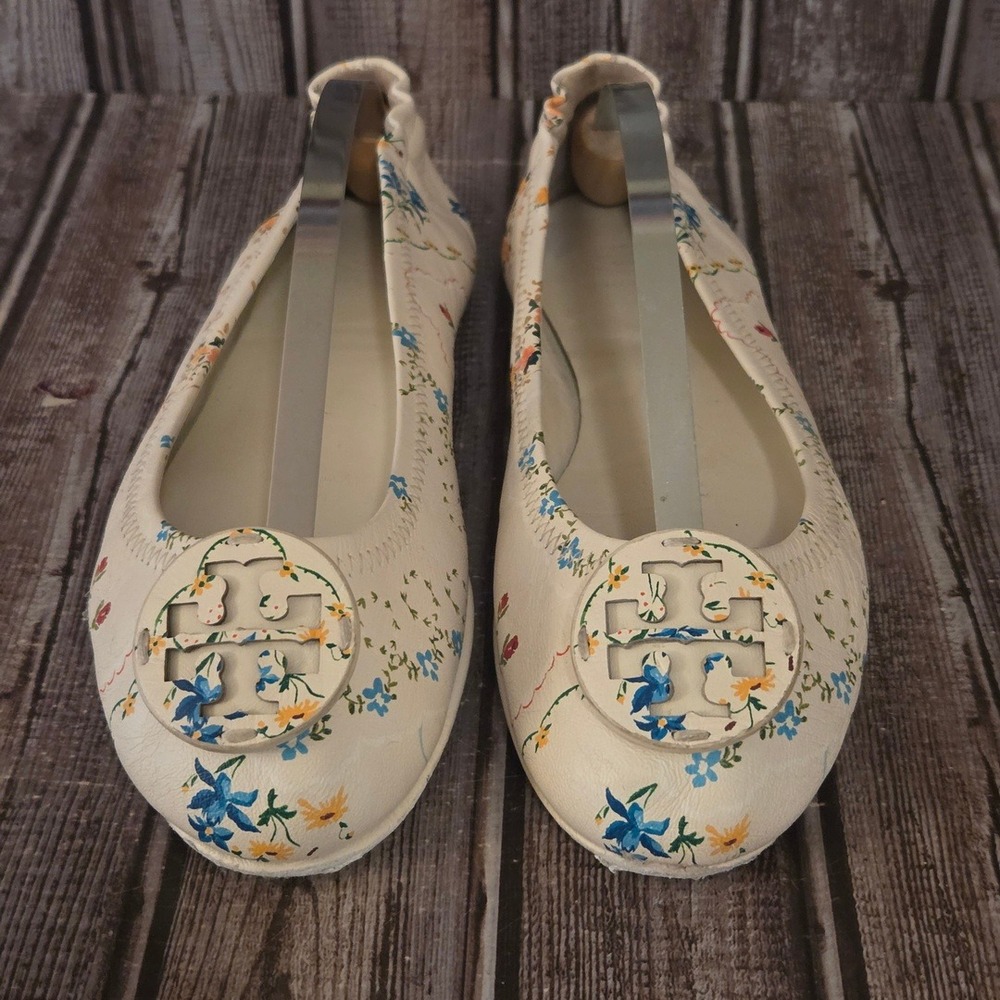 Sz 7.5 Tory Burch Minnie Travel Cream Floral Leather Ballet Flats Shoes SCUFFS